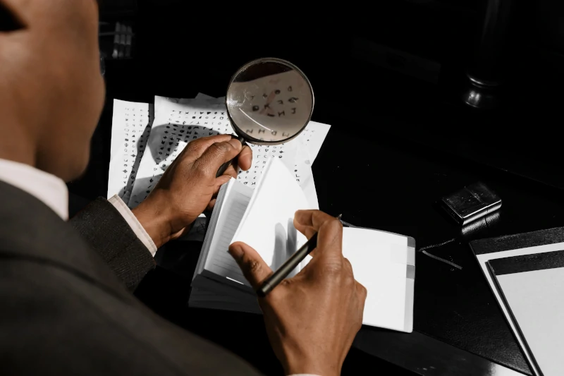 mies tekemässä hakusanatutkimusta kynä kädessä