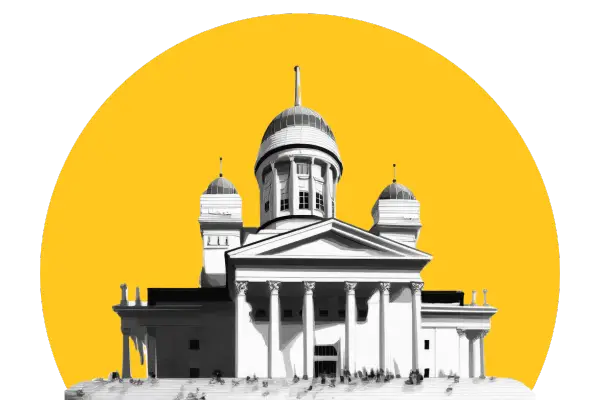 Helsingin tuomiokirkko mustavalkoisena piirroksena keltaisella taustalla.