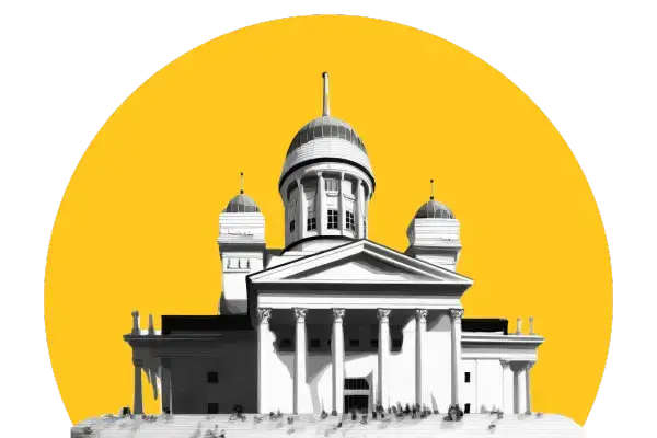 Helsingin tuomiokirkko mustavalkoisena piirroksena keltaisella taustalla.