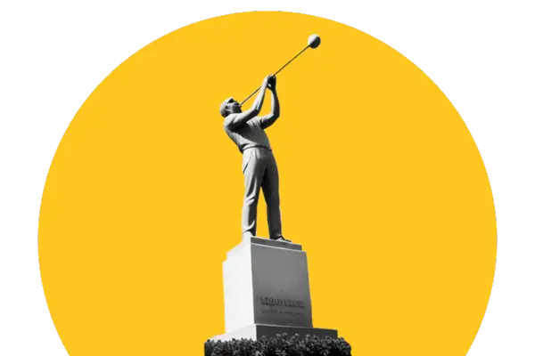 Graafinen kuvitus Riihimäen historiallisesta Lasinpuhaltaja-patsaasta keltaista taustaa vasten.